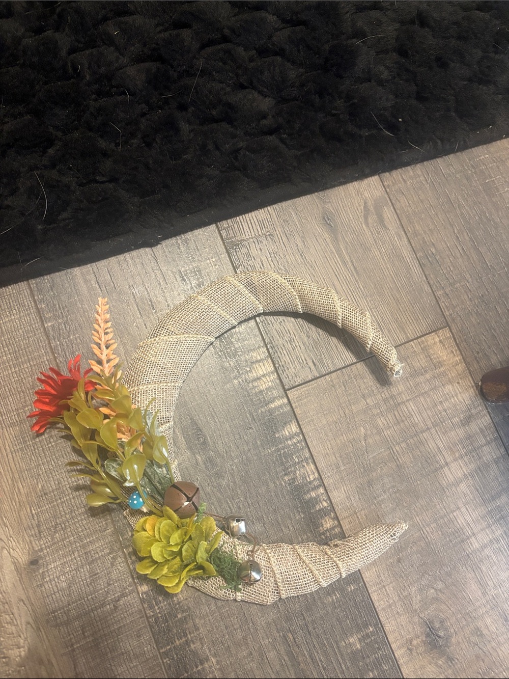Rustic Burlap Crescent Wreath with Yellow & Red Accents